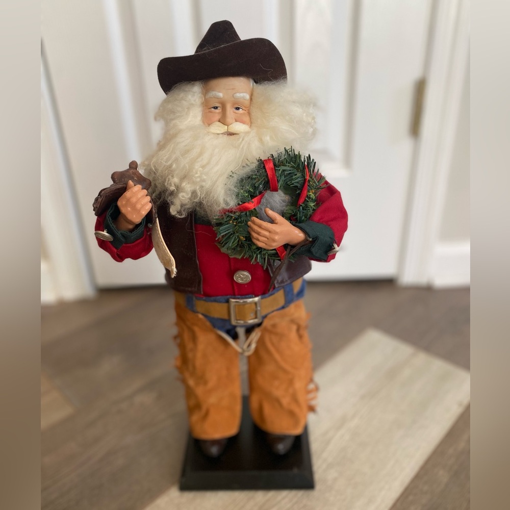 VINTAGE HANDCRAFTED WESTERN COWBOY SANTA CLAUSE FIGURINE 18” TALL